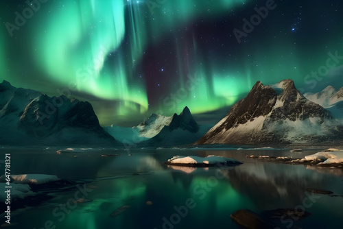 Fjord landscape in winter, Aurora borealis visible in the night sky
