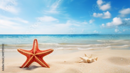 Tropical beach with sea star on sand, summer holiday background. Travel and beach vacation
