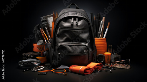 Into the Unknown: A Dramatic Black Background Set Against 3D-Rendered School Accessories, Showcasing a School Bag, and Providing a Spacious Copy Area, Signifying the Excitement of Embarking on the Edu