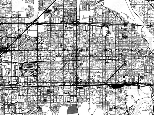 Greyscale vector city map of  Fontana California in the United States of America with with water, fields and parks, and roads on a white background.