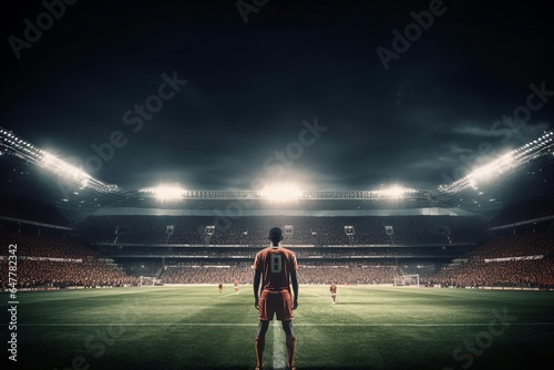 An epic night unfolds at a stadium as a young soccer player, back turned to the camera, stands ready under the spotlight for the kickoff.
