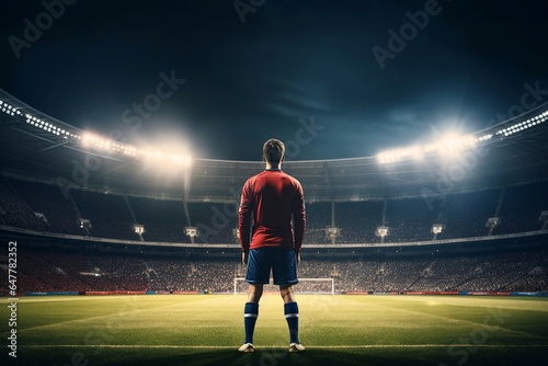An epic night unfolds at a stadium as a young soccer player, back turned to the camera, stands ready under the spotlight for the kickoff.