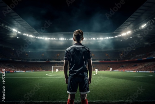 An epic night unfolds at a stadium as a young soccer player, back turned to the camera, stands ready under the spotlight for the kickoff. 