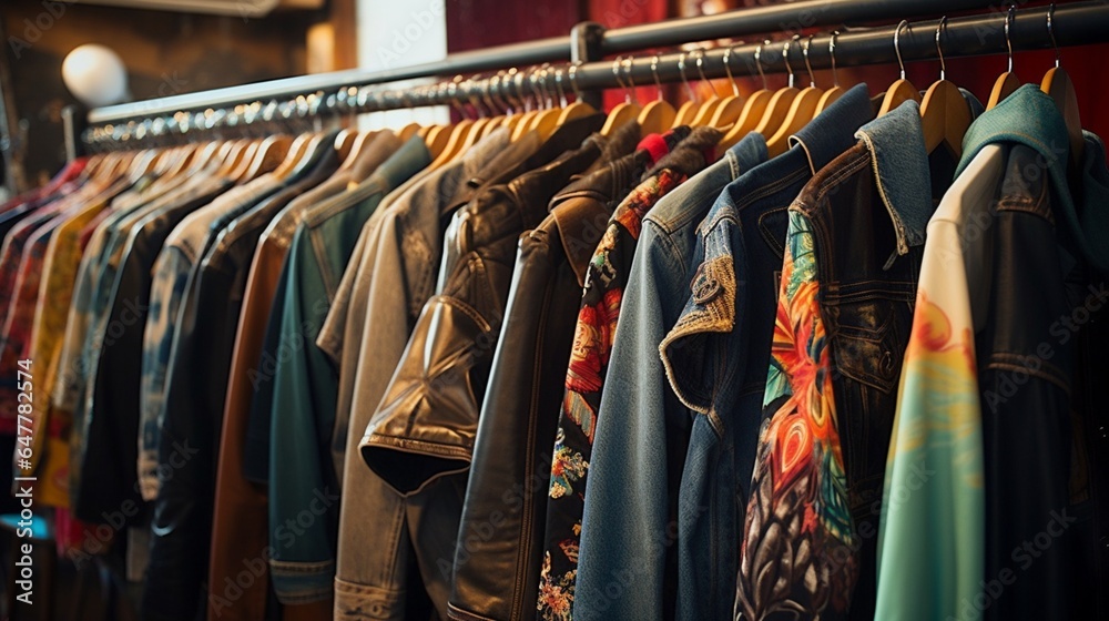 Various vintage jackets on clothing rack in second hand store - obrazy, fototapety, plakaty 