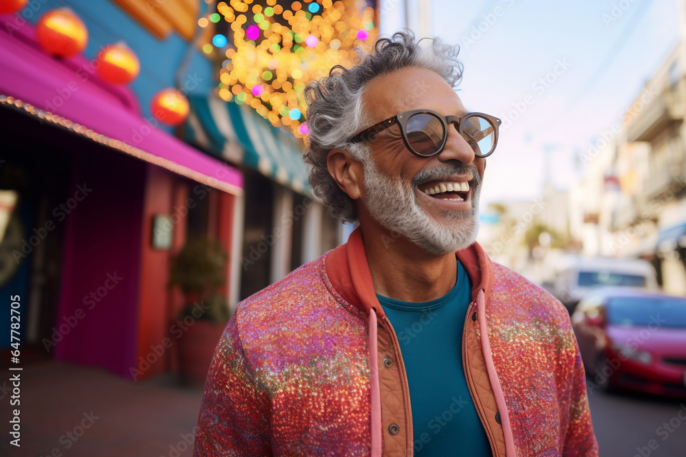 A retired mixed racial senior is travelling cheerful with holiday clothing in a vibrant city on vacation while retired
