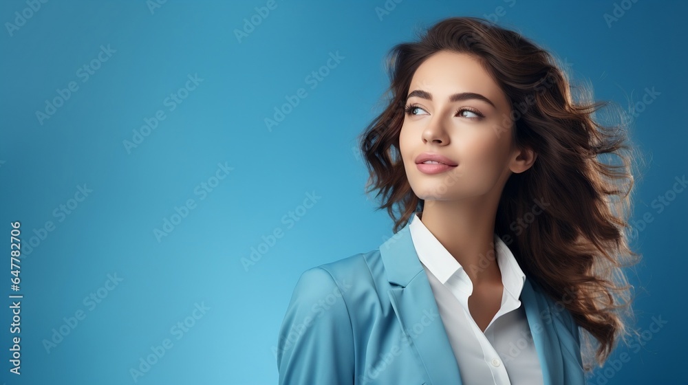 Portrait of beautiful young brunette woman, isolated on blue background Portrait of beautiful young brunette woman, isolated on blue background