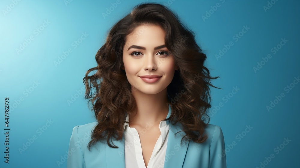 Portrait of beautiful young brunette woman with curly hairstyle on blue background Portrait of beautiful young brunette woman with curly hairstyle on blue background