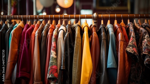 Various vintage jackets on clothing rack in second hand store