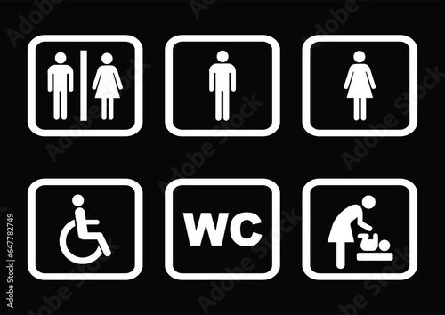 Vector toilet icon set. Bathroom for men, women, mothers with baby and handicap. Collection of restroom signs. Toilet for male, female, parents with child and disabled. WC