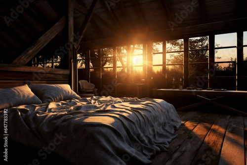 A rustic black bed room is lit with sun beams coming in from the left without people present