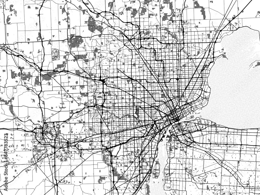 Greyscale vector city map of  Detroit Metro Michigan in the United States of America with with water, fields and parks, and roads on a white background.