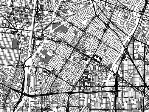 Greyscale vector city map of  Downey California in the United States of America with with water, fields and parks, and roads on a white background.