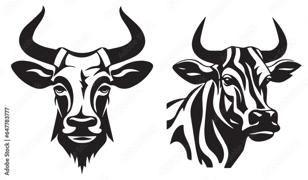 Cows heads, Black and white silhouette Vector illustration