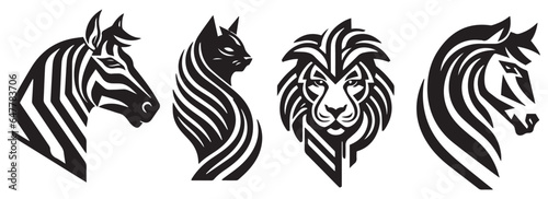 Zebra, cat, lion, vector silhouette illustration on a white background
