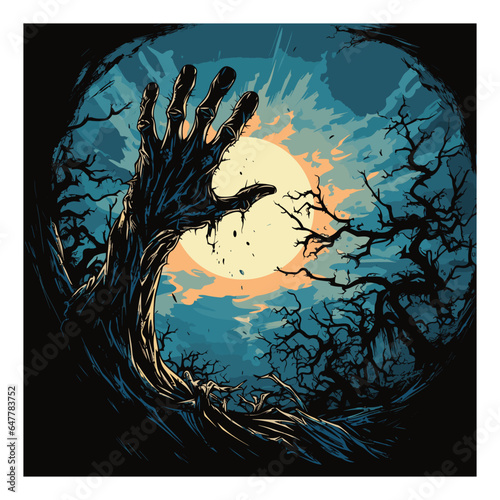 Cartoon zombie hand out of the ground. Halloween vector illustration. 