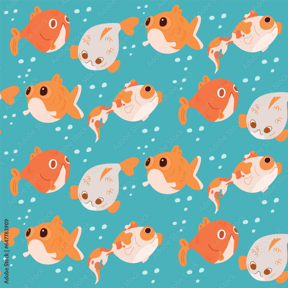 Seamless pattern of cartoon goldfish. Background with cute funny sea fish. Vector cartoon flat illustration