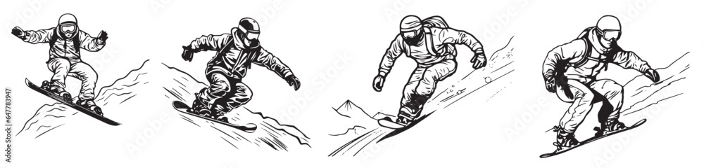 Snowboarding vector illustration, black silhouette laser cutting