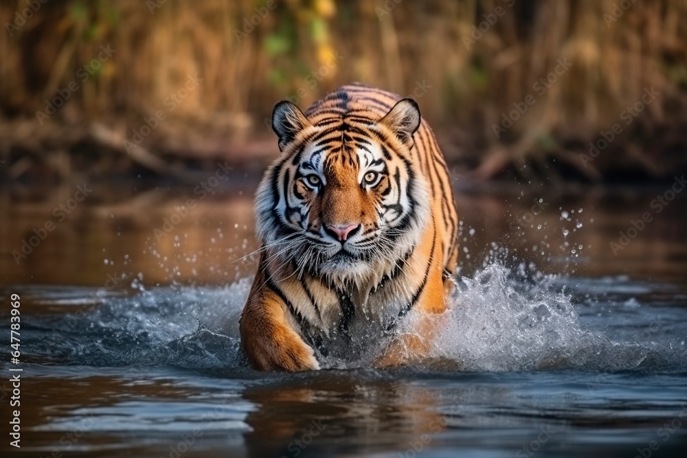 tiger running in the water