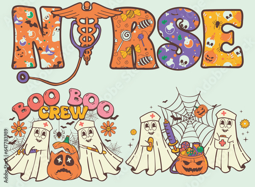 Halloween Retro Nurse Boo Boo Crew Ghost Nurses Graphic Elements for Halloween T-shirts and Designs Set with Retro Pumpkins