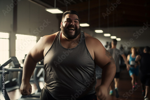 A beautiful strong and fit Latin man is running concentrated and smiling in a gym ; an obese adult