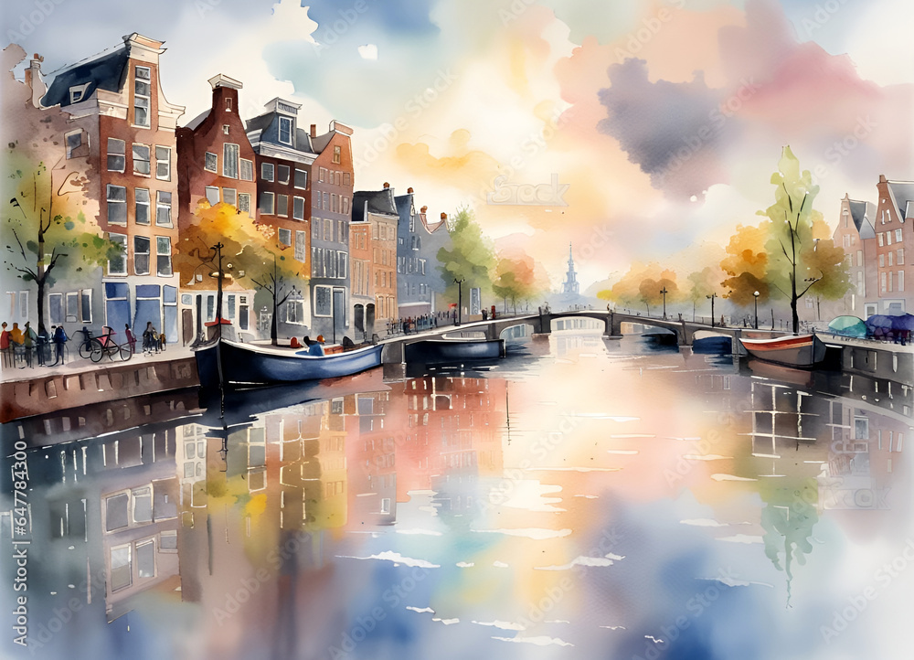 Watercolor painting of Amsterdam, the Netherlands


