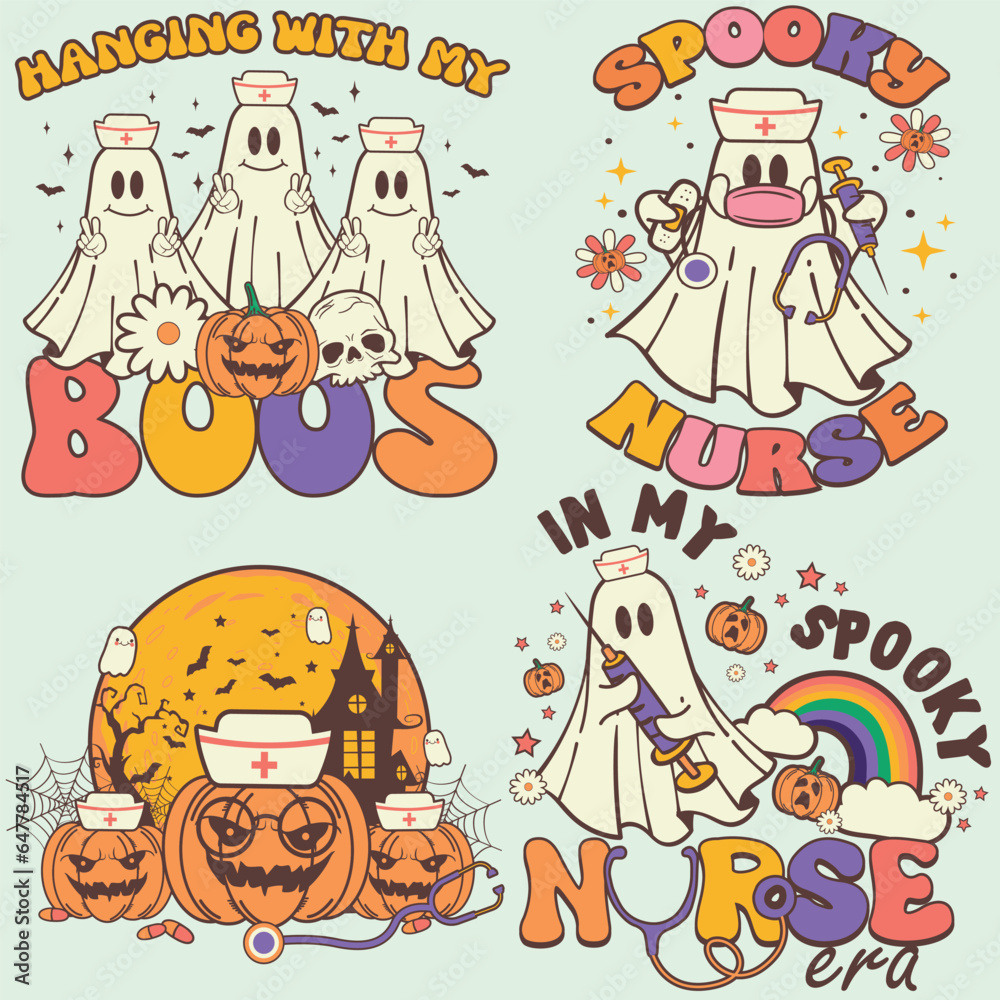 Fototapeta premium Ghost Nurse Boo Spooky Nurses Halloween Graphics Set for T-shirt Designs, Retro Vintage Phantoms