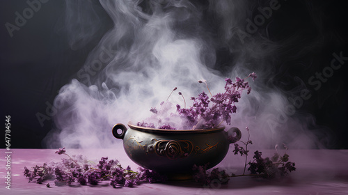 Realistic witch cauldron in a spooky scene with lilac colored smoke. Witch cauldron for Halloween.