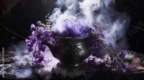 Realistic witch cauldron in a spooky scene with lilac colored smoke. Witch cauldron for Halloween.