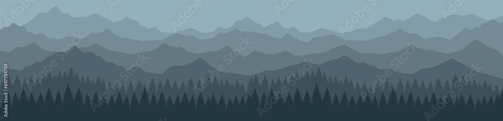 Horizontal mountain landscape in gray shades. Vector panoramic illustration