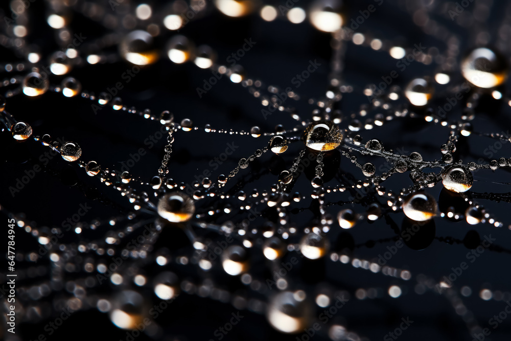 Intricate spider web glistening with dew in a delicate low relief elegantly captured on a dark gradient backdrop 