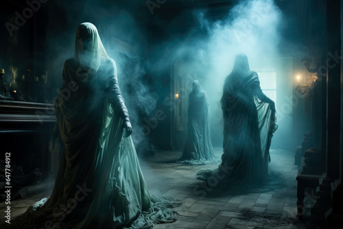 Ghostly apparitions emerge from the shadows their ethereal glow illuminating a dimly lit room with an eerie smoke effect 