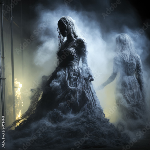 Mysterious ethereal beings emerge from the shadows their luminous forms intertwined with billowing tendrils of enchanting smoke 