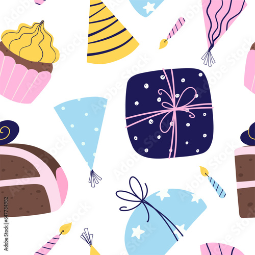 Birthday celebration flat hand drawn seamless pattern. Festive print with gifts  candles and cakes.