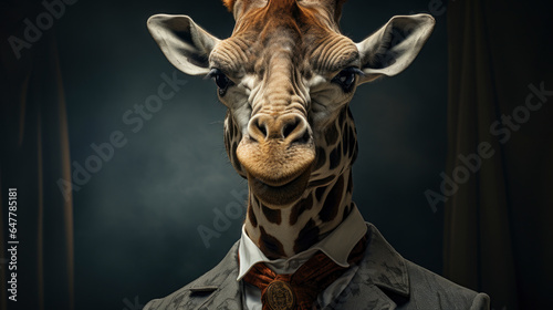 Humanised animals concept. funny character personage. humanized giraffe in suit and tie on dark background. historical portraits. banner