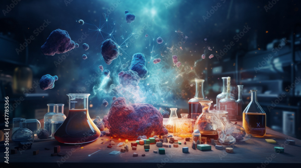 Chemistry Lab Scene with Flasks and Test Tubes - obrazy, fototapety, plakaty 