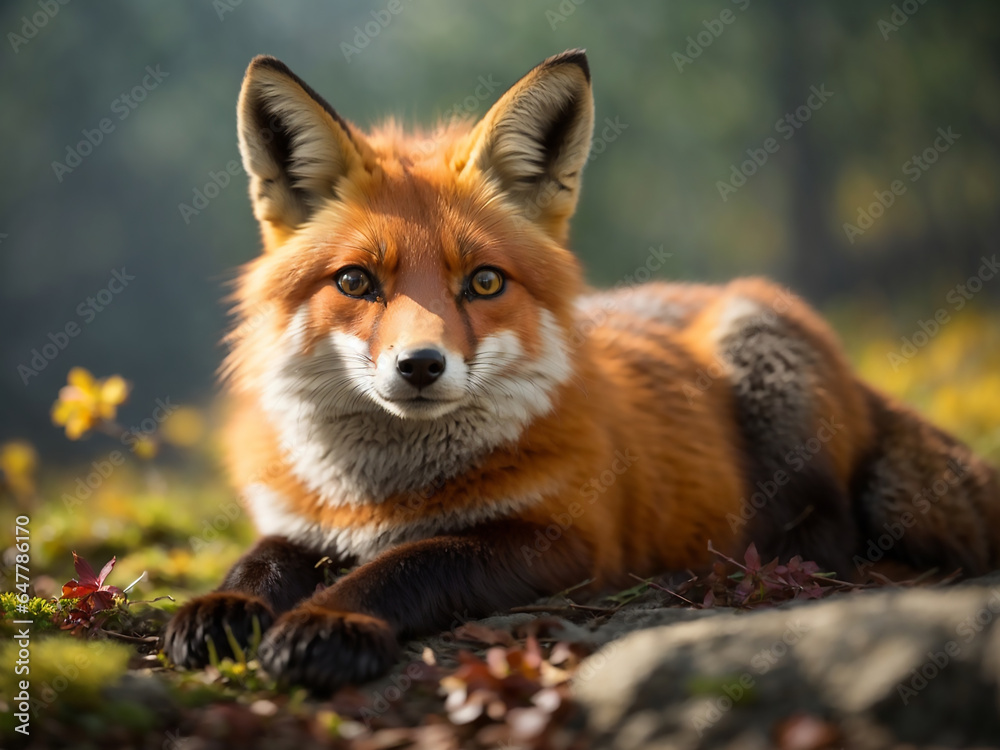 Fototapeta premium Red Fox - Vulpes vulpes, sitting up at attention, direct eye contact, tree bokeh in background