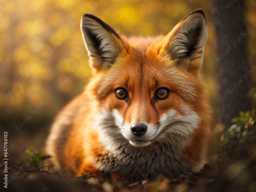Red Fox - Vulpes vulpes, sitting up at attention, direct eye contact, tree bokeh in background