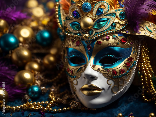 Carnival time. Venetian mask on black background, copy space
