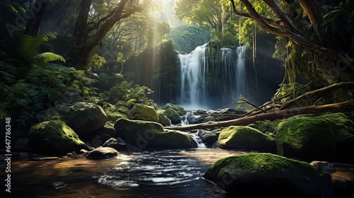 Illustration of a breathtaking waterfall surrounded by a vibrant green forest created with Generative AI technology © AI Visual Vault