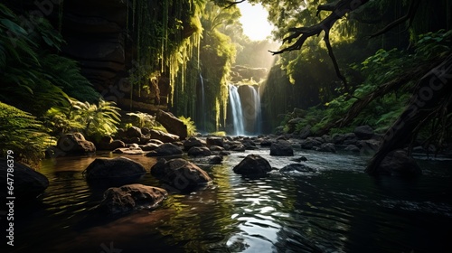 Illustration of a breathtaking waterfall surrounded by a vibrant green forest created with Generative AI technology