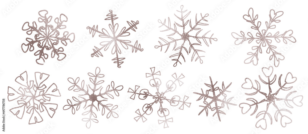 Rose gold snowflake set snow for Christmas and winter holiday. Vector isolate on white background Rose gold snowflake set snow for Christmas and winter holiday. Vector isolate on white background