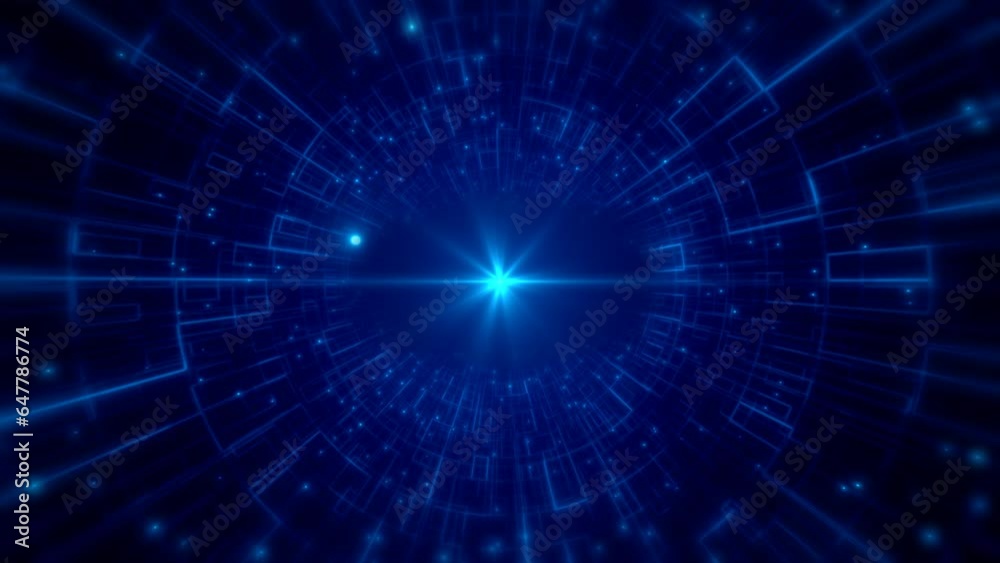 Blue space technology abstract looped background with flying particles. Blue space technology abstract looped background with flying particles.