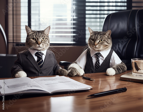 Two cats wearing formal business suits in an office conference room for a meeting, discussion, collaboration or interview. Created using Generative AI.	