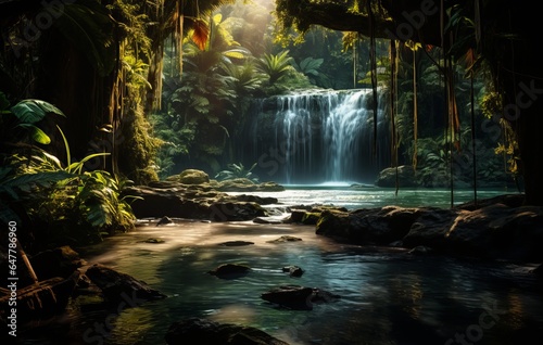 Illustration of a breathtaking waterfall surrounded by a vibrant green forest created with Generative AI technology