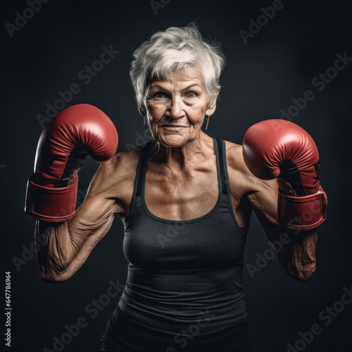 grandmother with boxing gloves in a ring on gray background