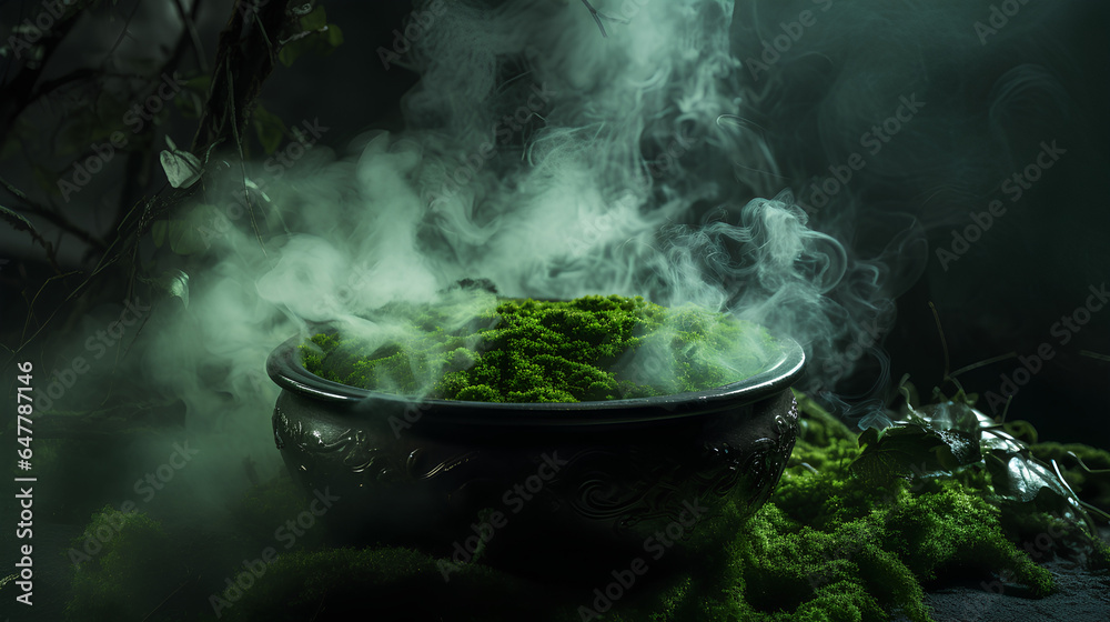 Realistic witch cauldron in a spooky scene with green colored smoke. Witch cauldron for Halloween. Realistic witch cauldron in a spooky scene with green colored smoke. Witch cauldron for Halloween.