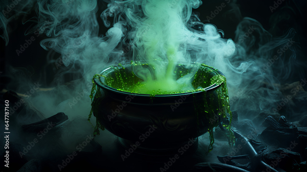 Realistic witch cauldron in a spooky scene with green colored smoke. Witch cauldron for Halloween. Realistic witch cauldron in a spooky scene with green colored smoke. Witch cauldron for Halloween.