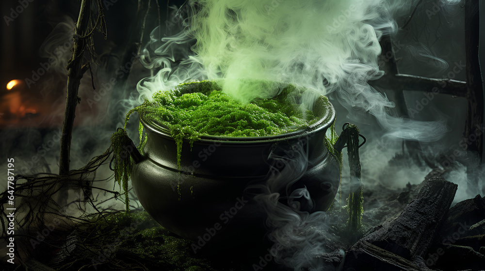 Realistic witch cauldron in a spooky scene with green colored smoke. Witch cauldron for Halloween.