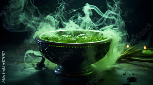 Realistic witch cauldron in a spooky scene with green colored smoke. Witch cauldron for Halloween.