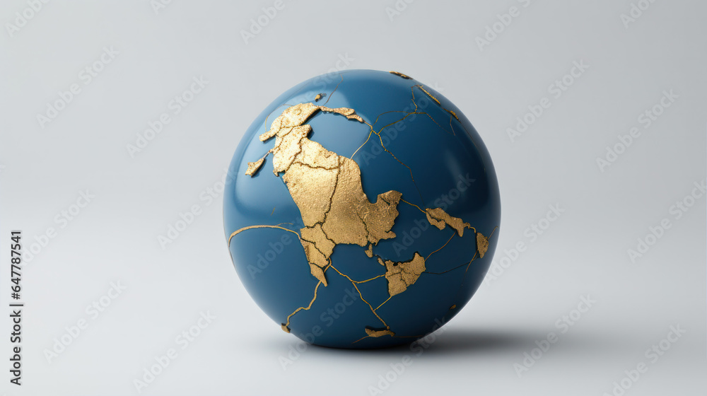 World of Kintsugi: Blue Ceramic Earth Globe with Gilded Fault Lines, Symbolizing Earth Repair and Resilience World of Kintsugi: Blue Ceramic Earth Globe with Gilded Fault Lines, Symbolizing Earth Repair and Resilience